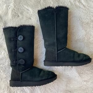 UGG Black Bailey Button Triplet II Suede Sheepskin Calf Tall Boots W Size 8